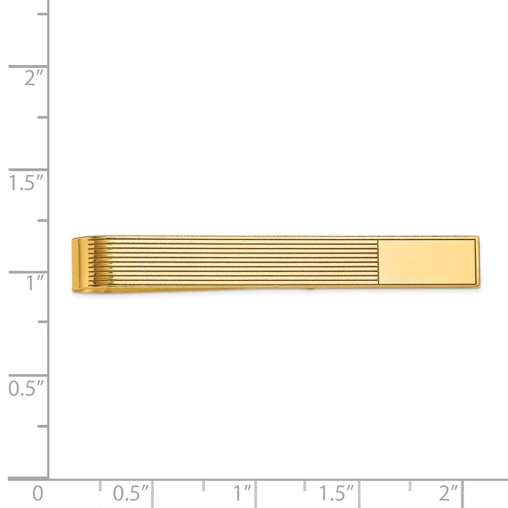 14K Yellow Gold Engravable Grooved Striped Tie Bar, 6.5 x 50mm