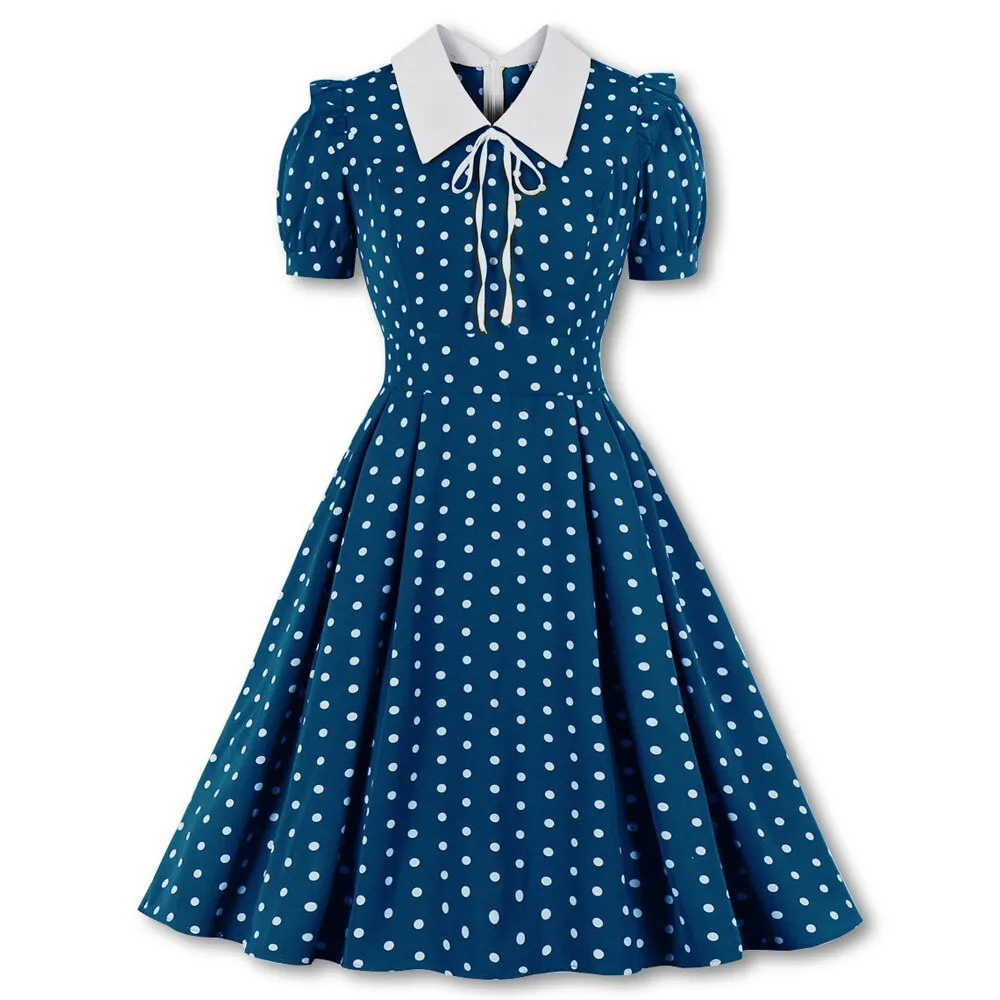 1950s Blue Polka Dot Short Sleeve High Waist Elegant Robe Pin Up Swing 50s 60s Retro Vintage Dress