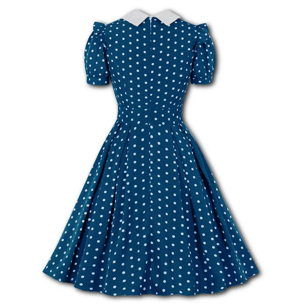 1950s Blue Polka Dot Short Sleeve High Waist Elegant Robe Pin Up Swing 50s 60s Retro Vintage Dress