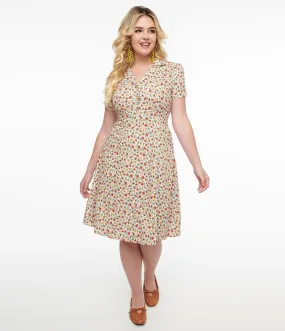 1950s Cream & Multicolor Floral Fit & Flare Dress