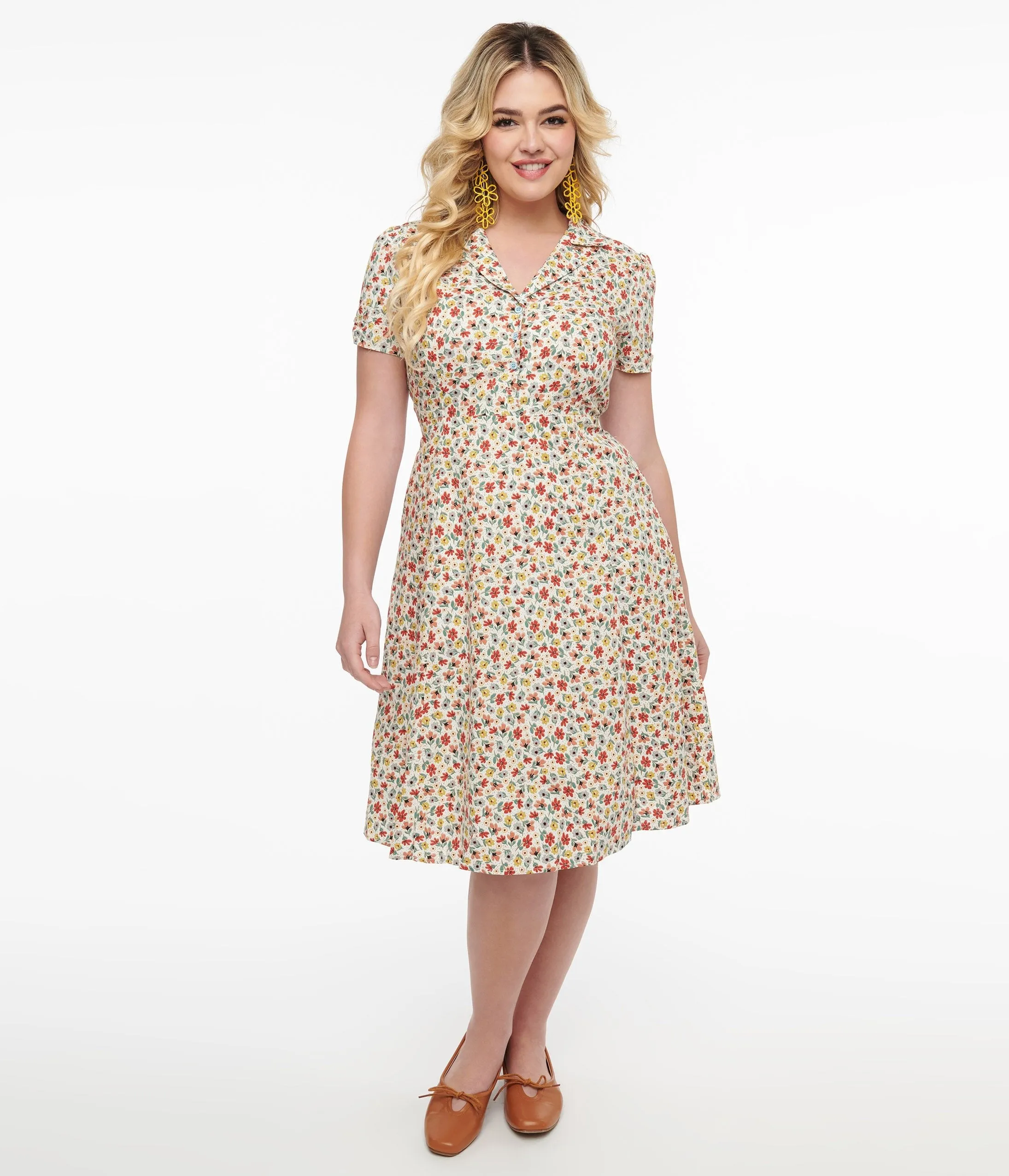 1950s Cream & Multicolor Floral Fit & Flare Dress