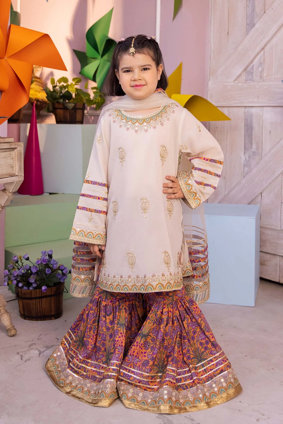 3-Pc Embroidered Lawn Shirt With Printed Lawn Sharara and Lace Dupatta CKP23-07