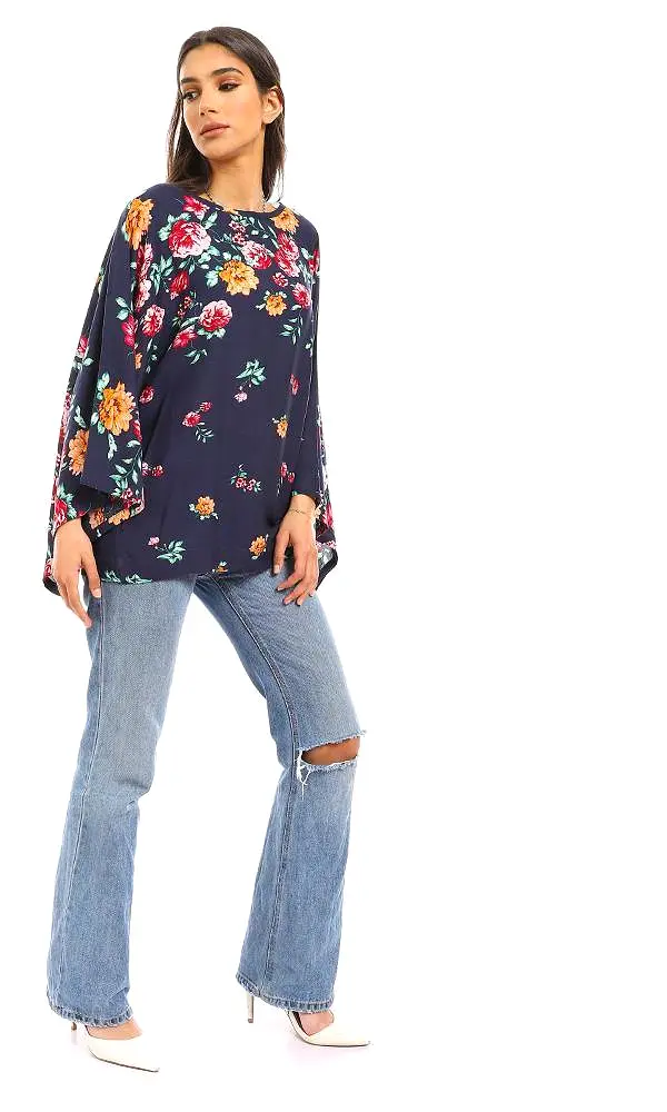 57919 Round Neck Loose Fit Floral Blouse - Navy Blue