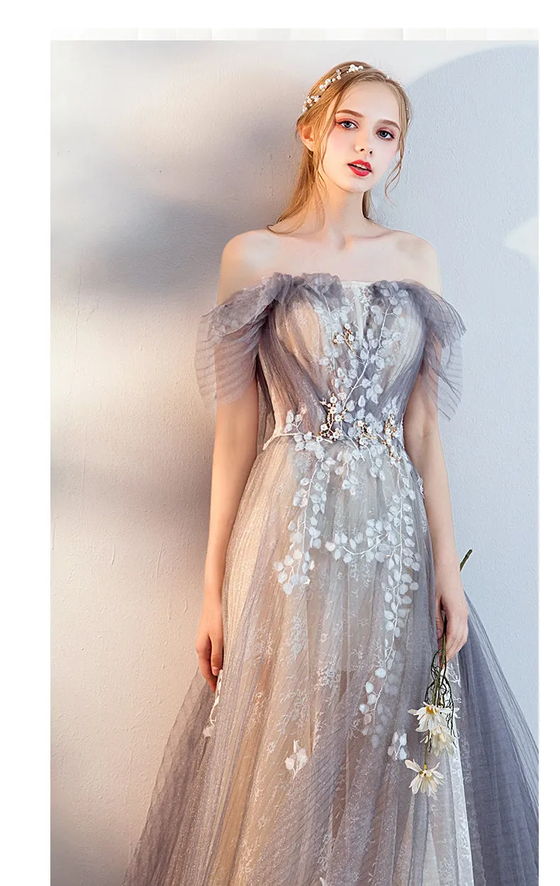 A-line Tulle and Lace Off Shoulder Long Party Dress, Unique Style New Prom Dress Evening Dress