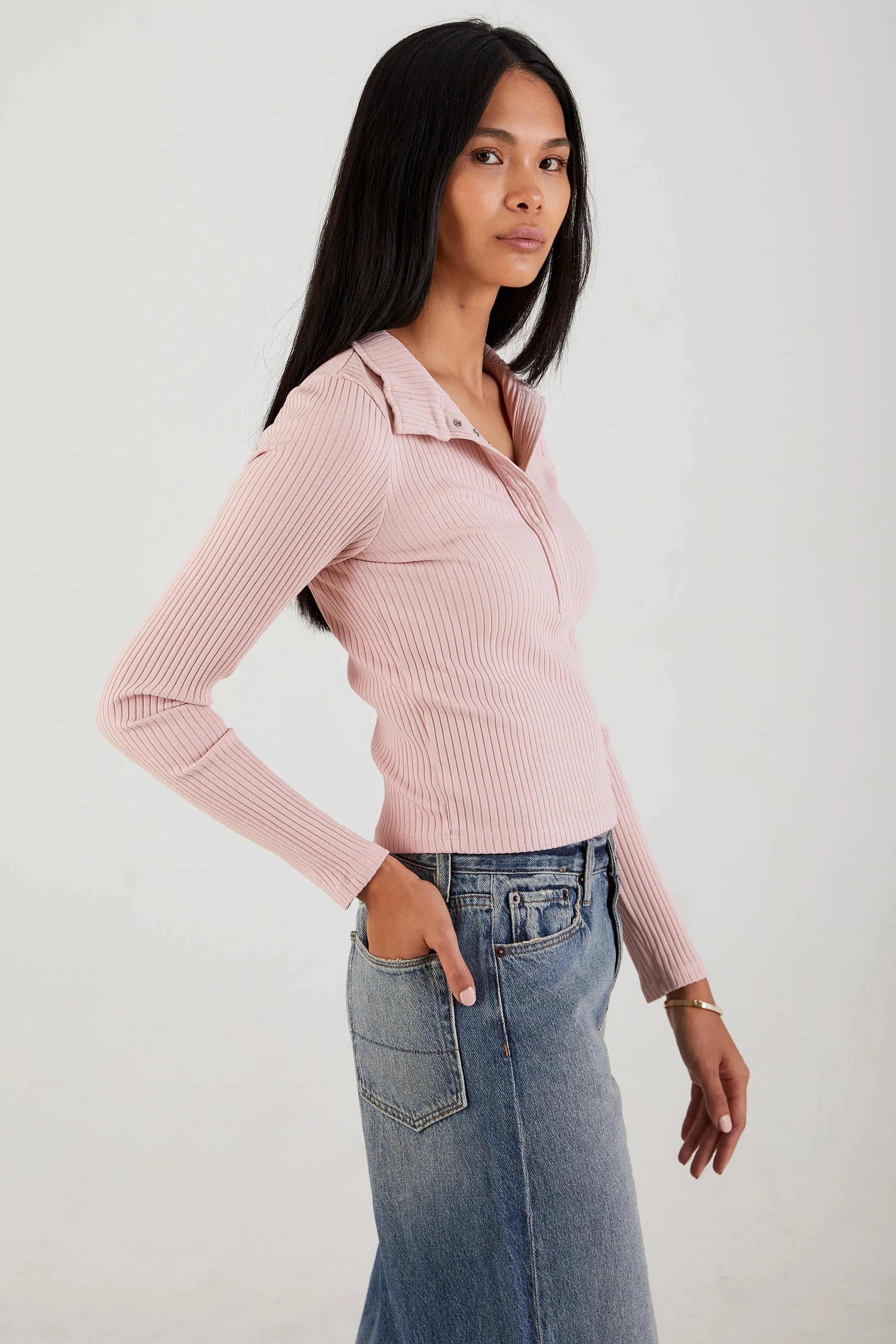 AIi Rib Long Sleeve Crop Snap Polo in Dust