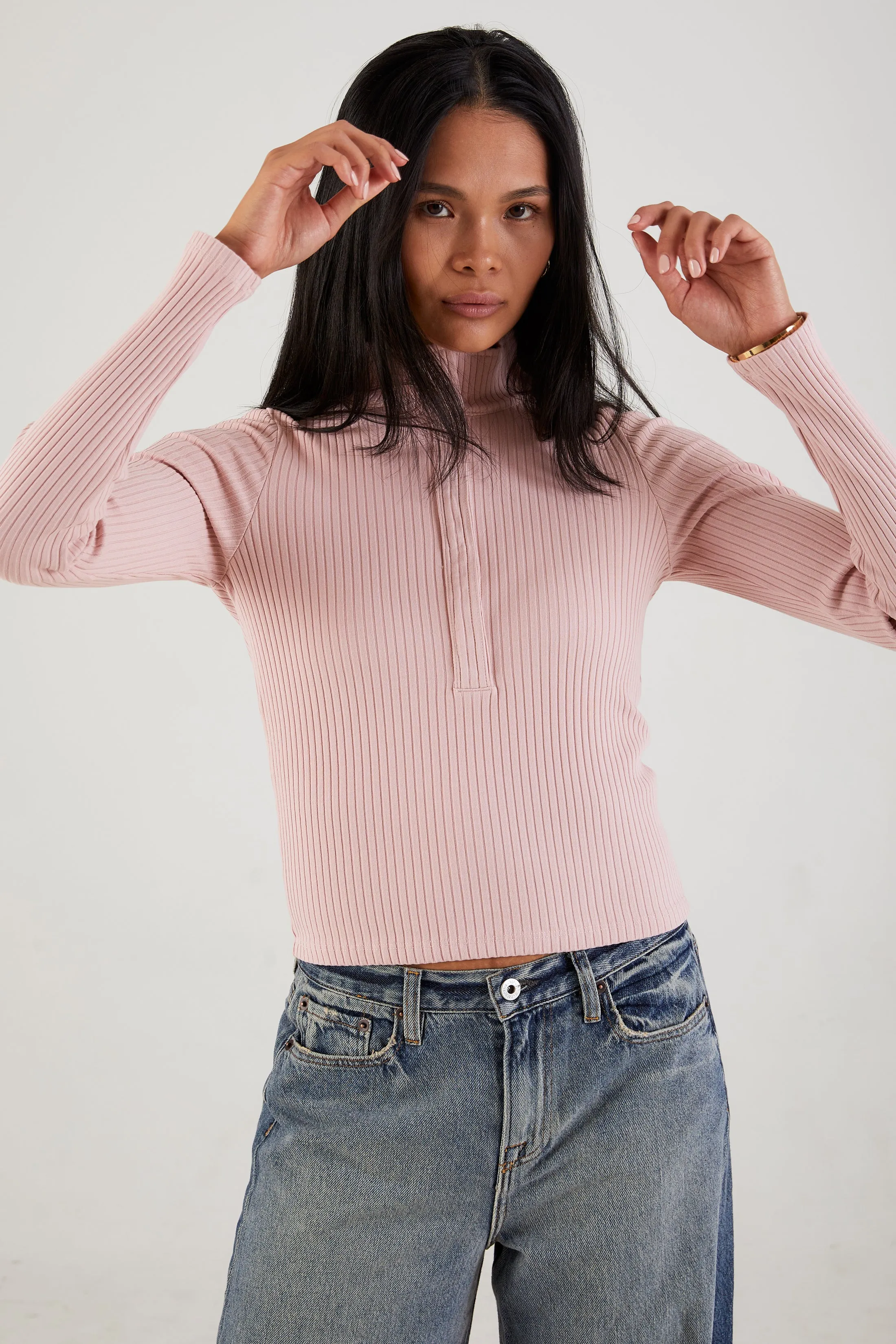 AIi Rib Long Sleeve Crop Snap Polo in Dust