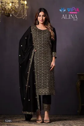 ALINA VOL-4 ,Black Shade   Semi stitch Salwar suit Material for women-SSS001SSABL