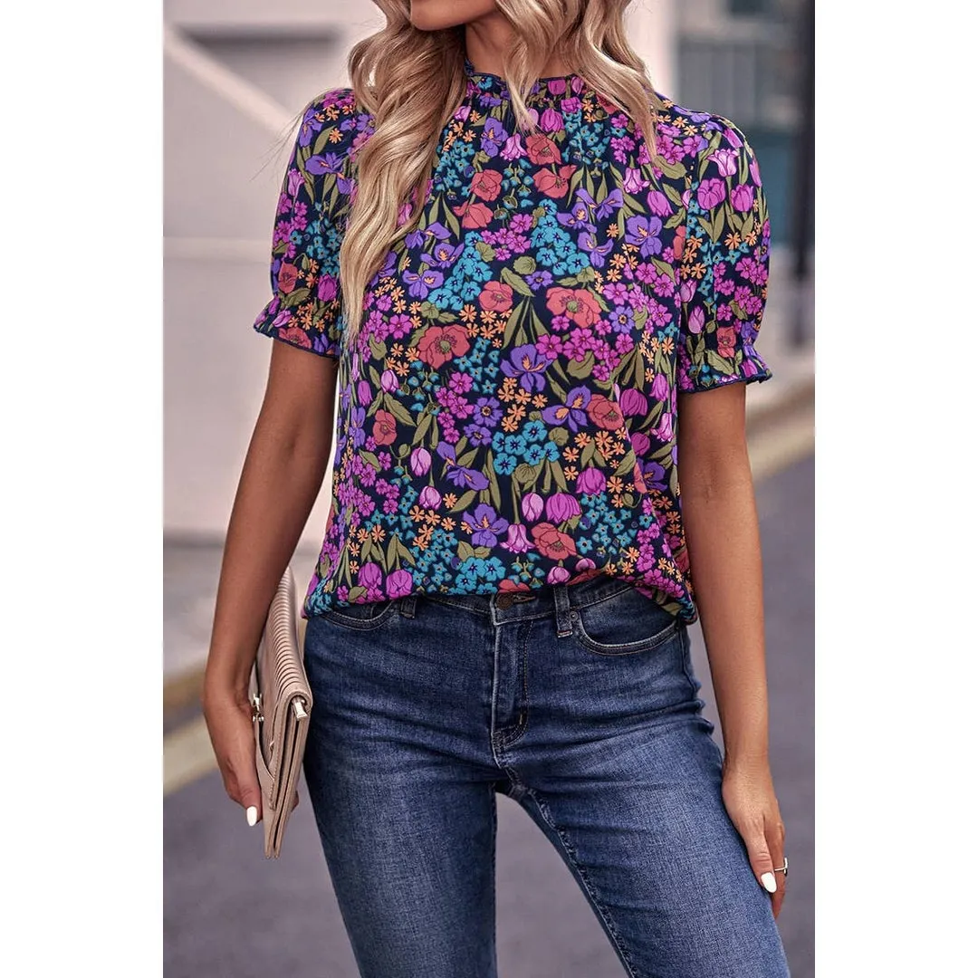 Allover Floral Print Elastic Sleeves Fit Blouse