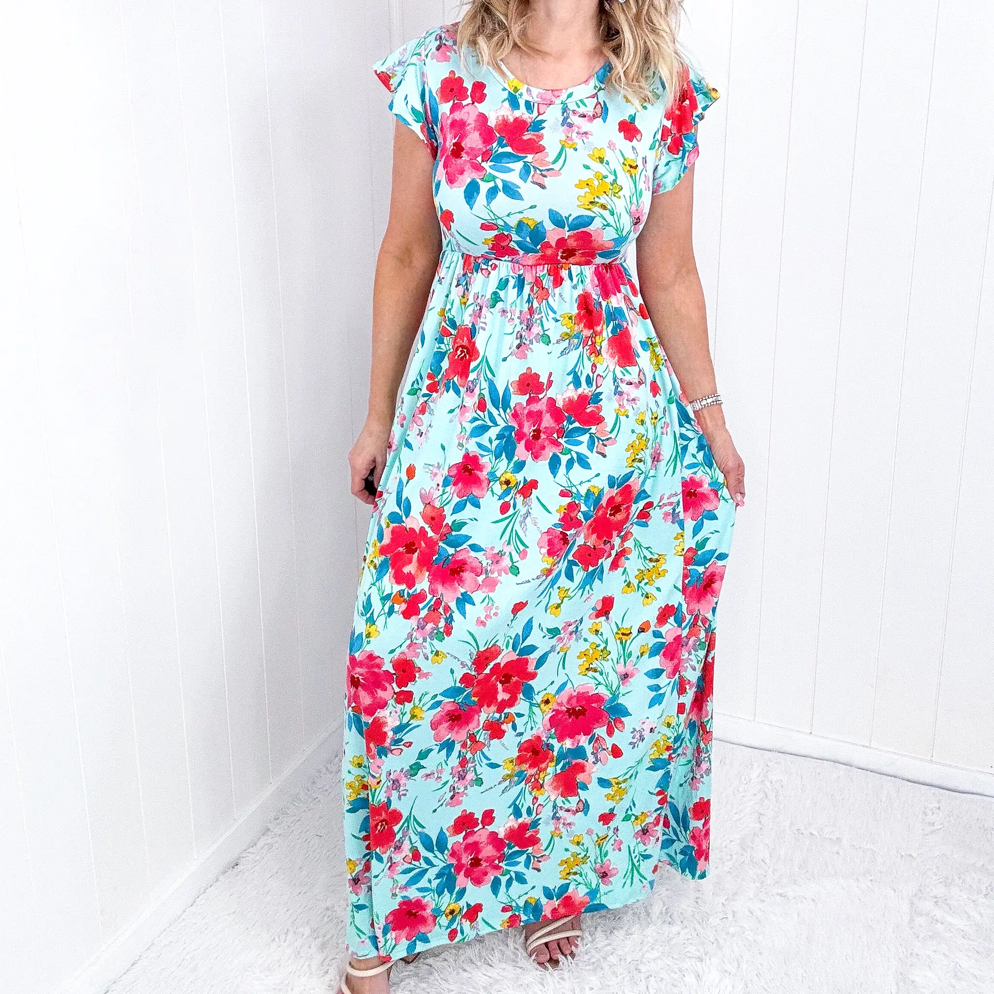 Aqua Floral Fit and Flare Maxi Dress