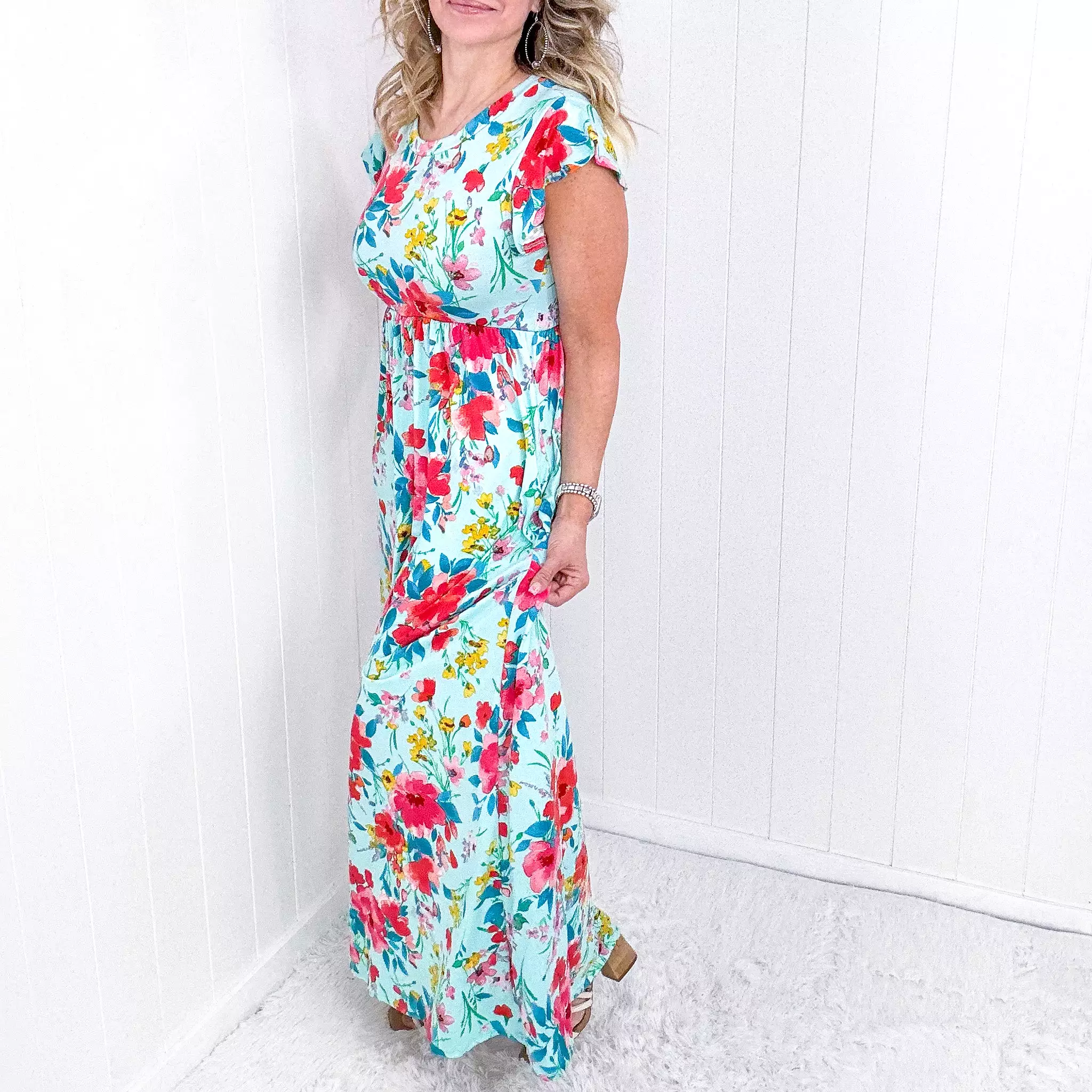 Aqua Floral Fit and Flare Maxi Dress