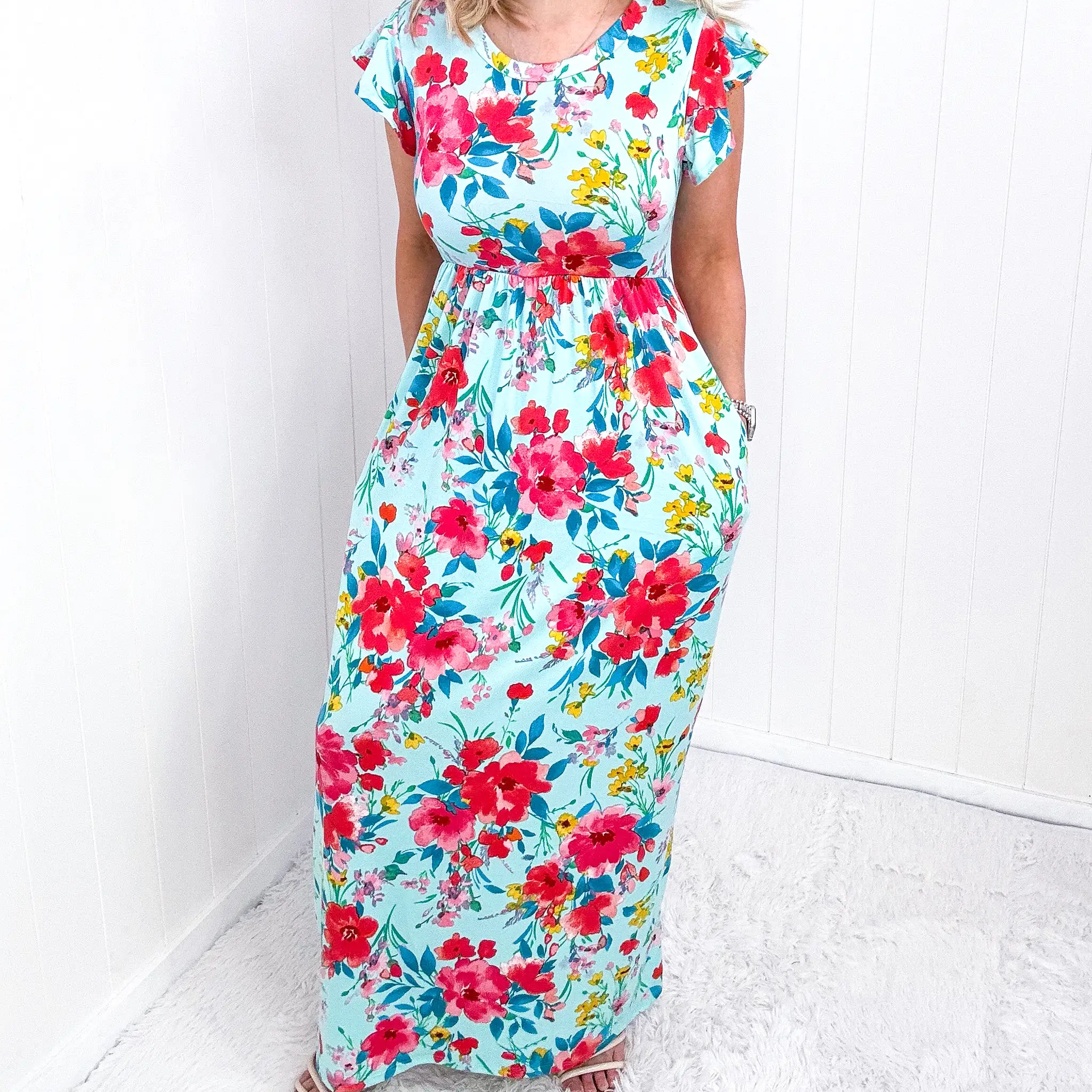 Aqua Floral Fit and Flare Maxi Dress