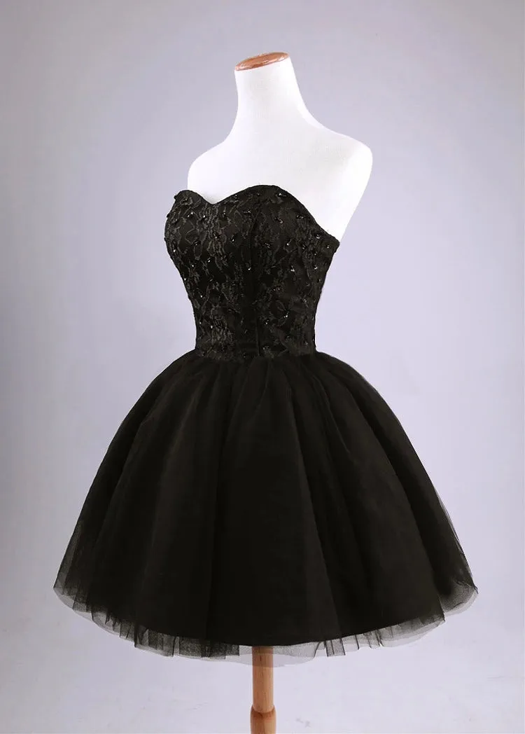 Beautiful Black Short Lace and Tulle Homecoming Dress, Sweetheart Short Prom Dress