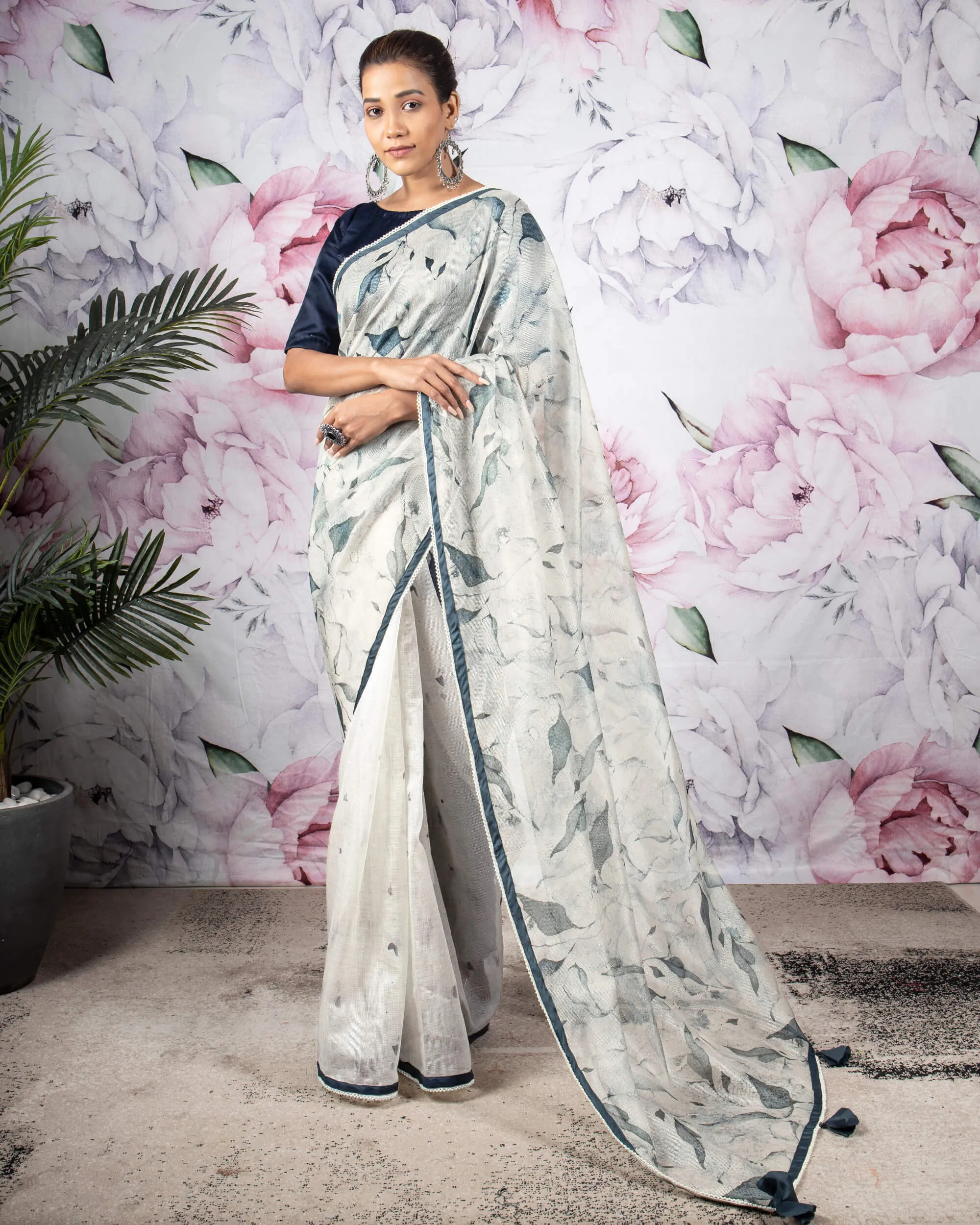 Beige And Grey Leaf Pattern Digital Print Kota Doria Saree With Pearl Work Lace Border