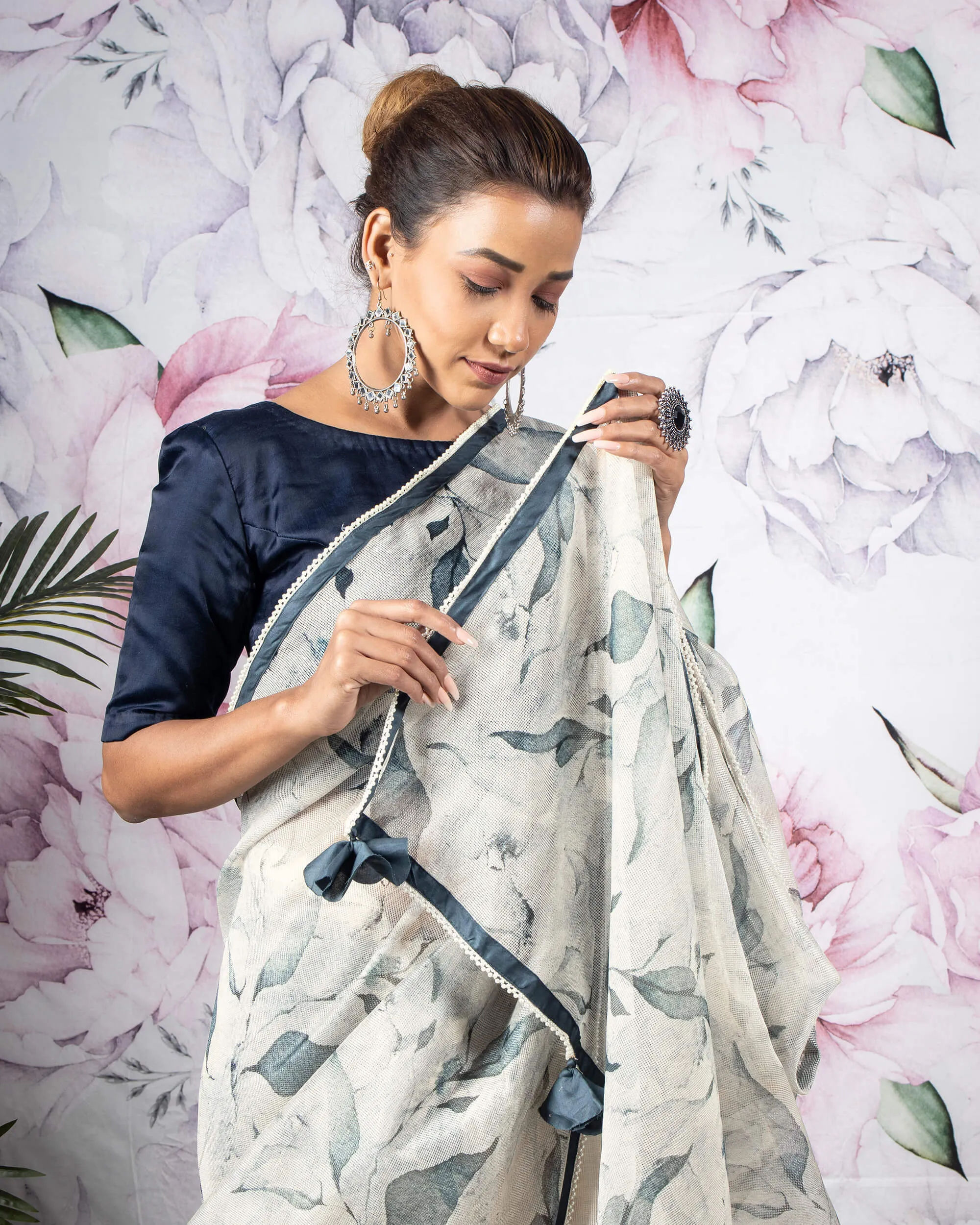 Beige And Grey Leaf Pattern Digital Print Kota Doria Saree With Pearl Work Lace Border