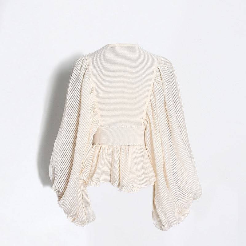 Beige Loose Sleeve Belted Button Down Top