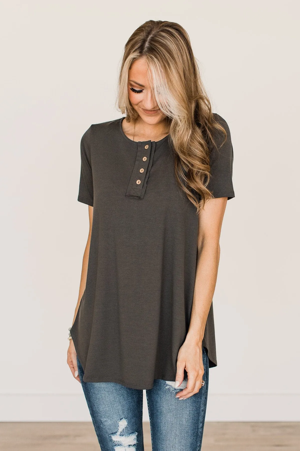 Best Regards Short Sleeve Button Top- Dark Grey