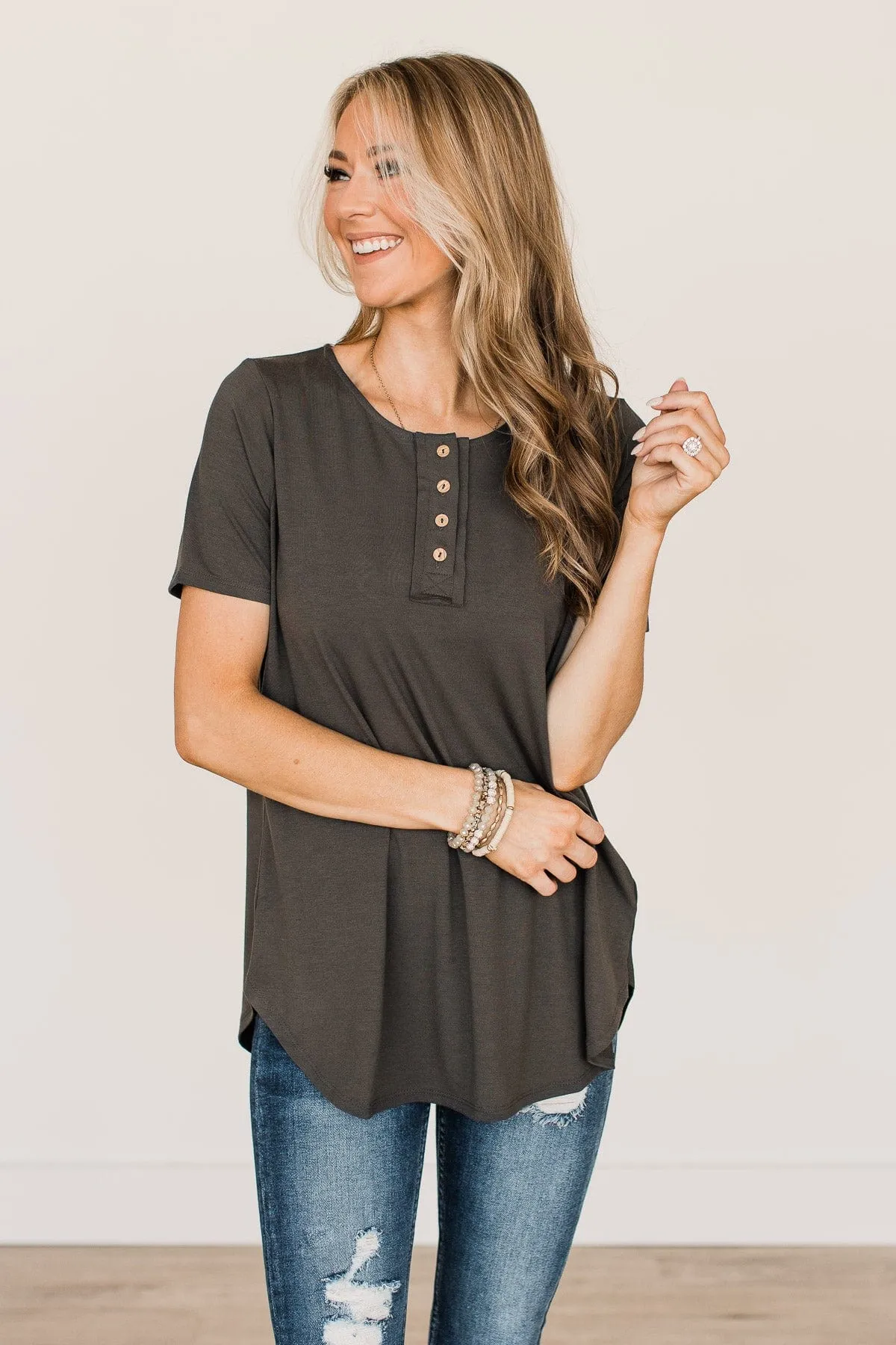 Best Regards Short Sleeve Button Top- Dark Grey