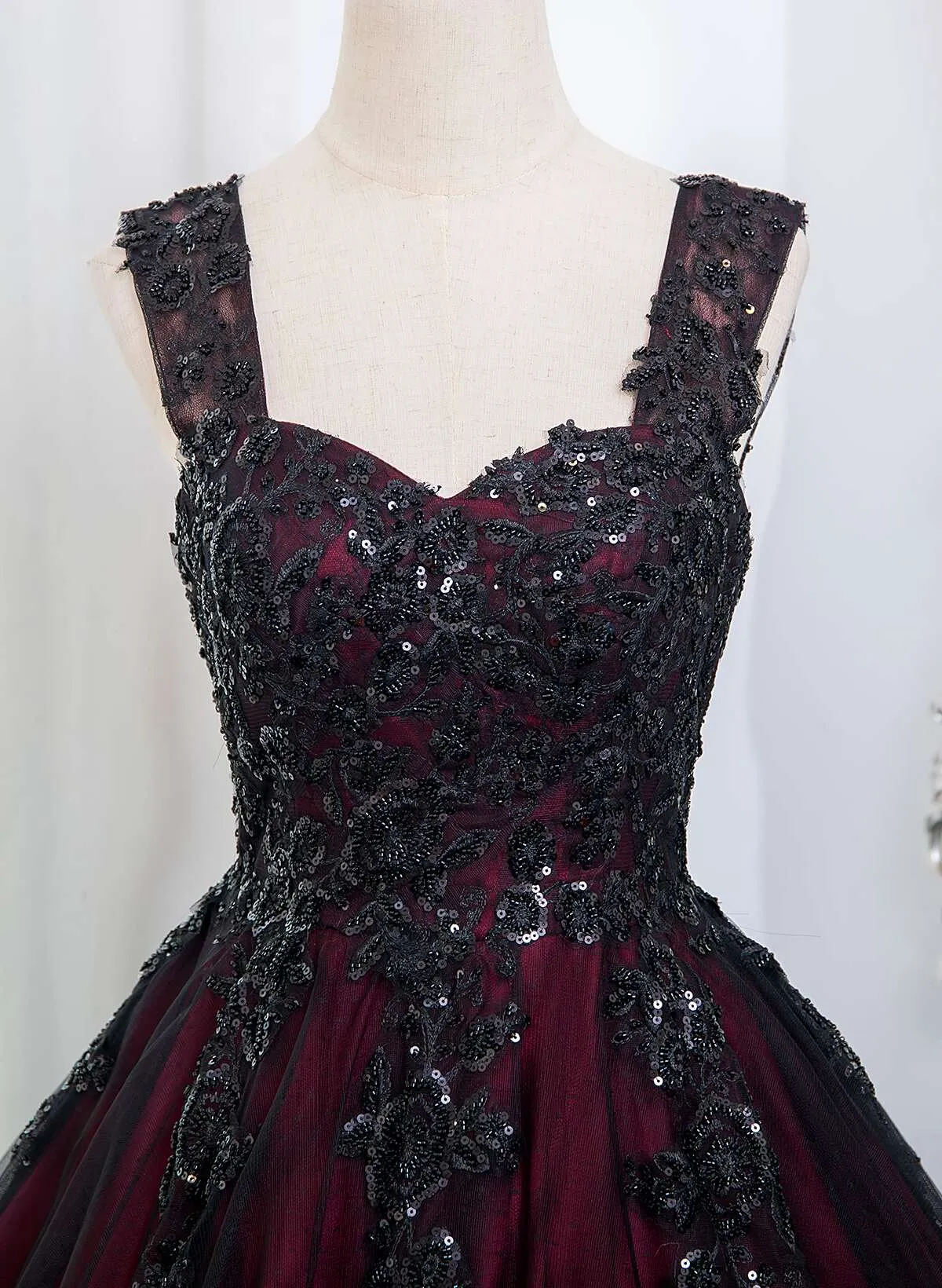 Black and Red Tulle with Black Lace Applique Prom Dress, Black Tulle Sweet 16 Dress