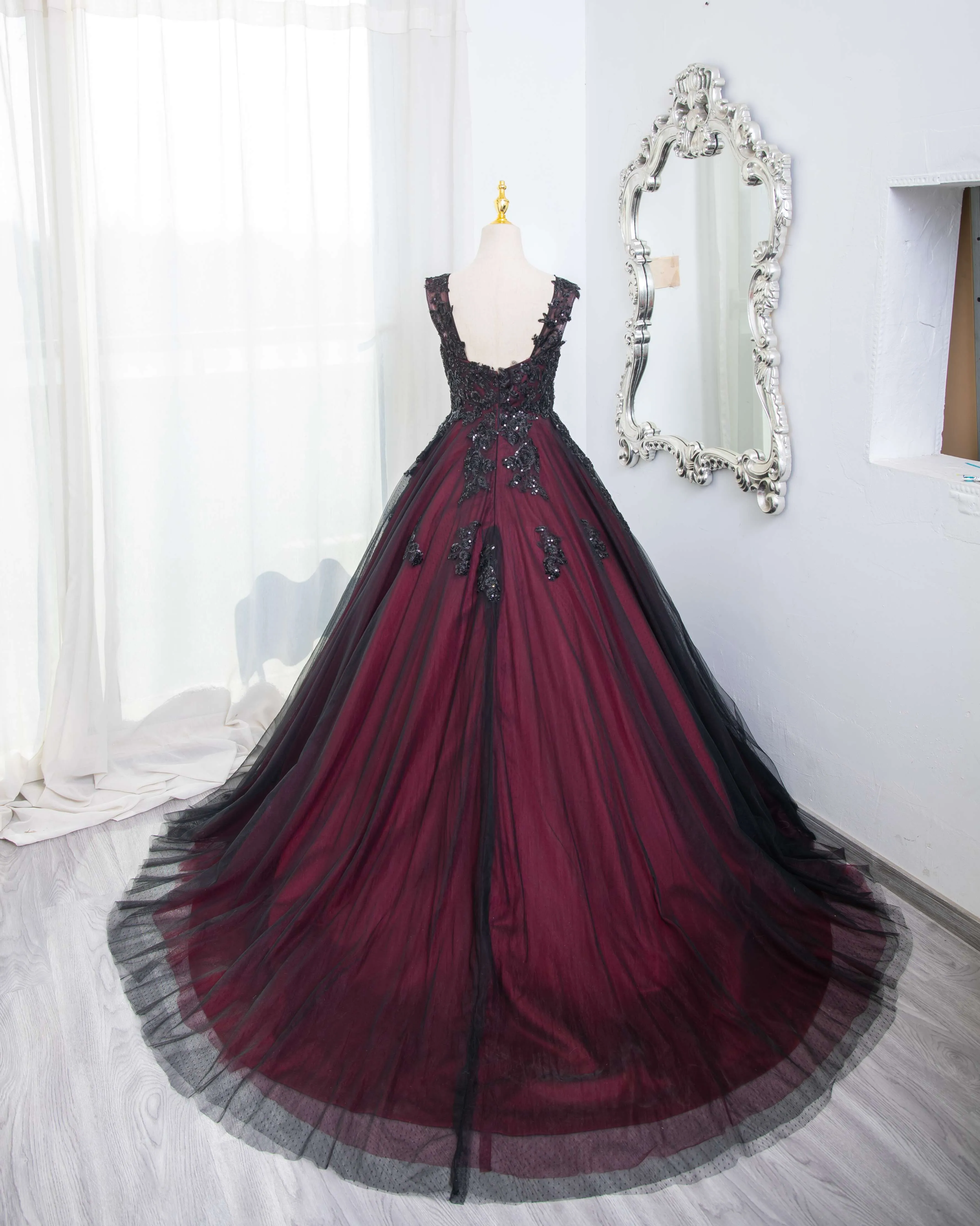 Black and Red Tulle with Black Lace Applique Prom Dress, Black Tulle Sweet 16 Dress