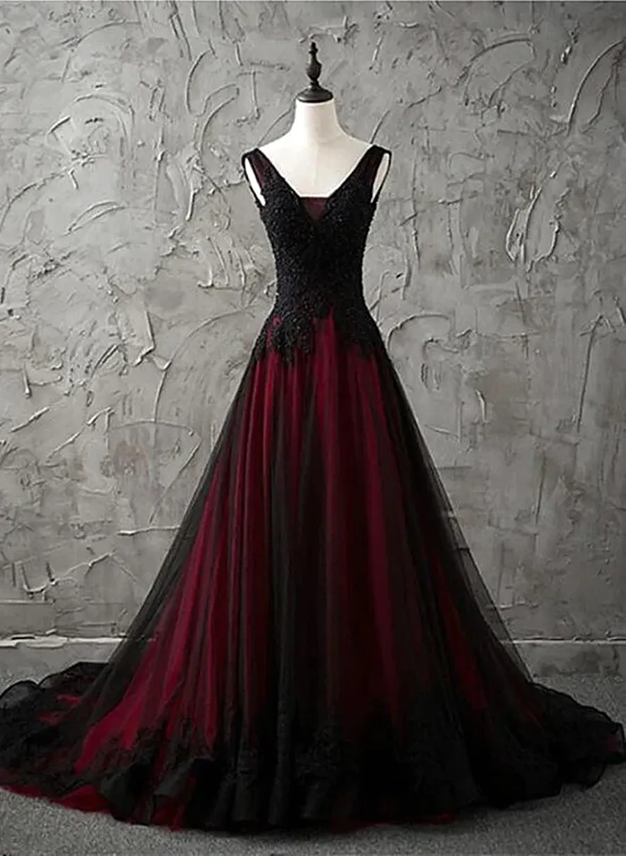 Black and Wine Red V-neckline Long Party Dress, Tulle Evening Dress with Lace