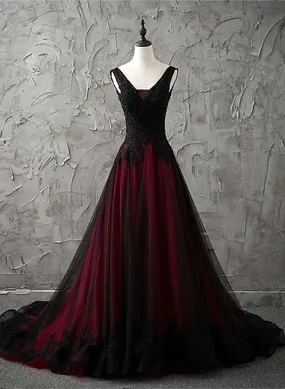 Black and Wine Red V-neckline Long Party Dress, Tulle Evening Dress with Lace