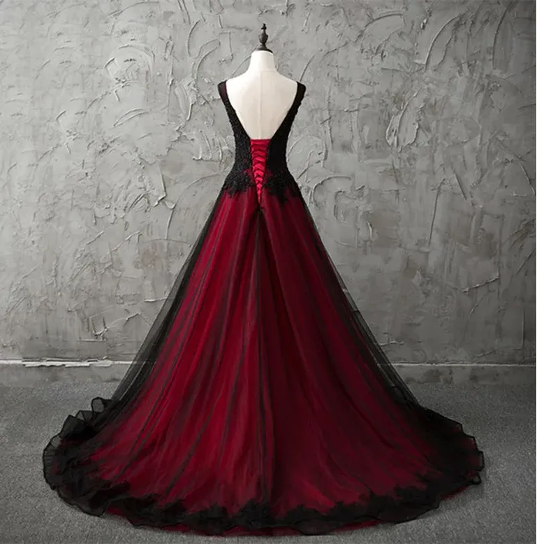 Black and Wine Red V-neckline Long Party Dress, Tulle Evening Dress with Lace