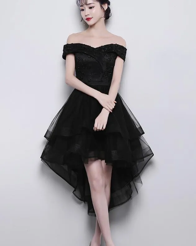 Black Off Shoulder Tulle and Lace High Low Homecoming Dress , Black Prom Dress