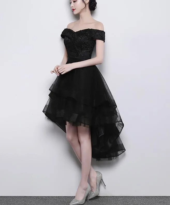 Black Off Shoulder Tulle and Lace High Low Homecoming Dress , Black Prom Dress