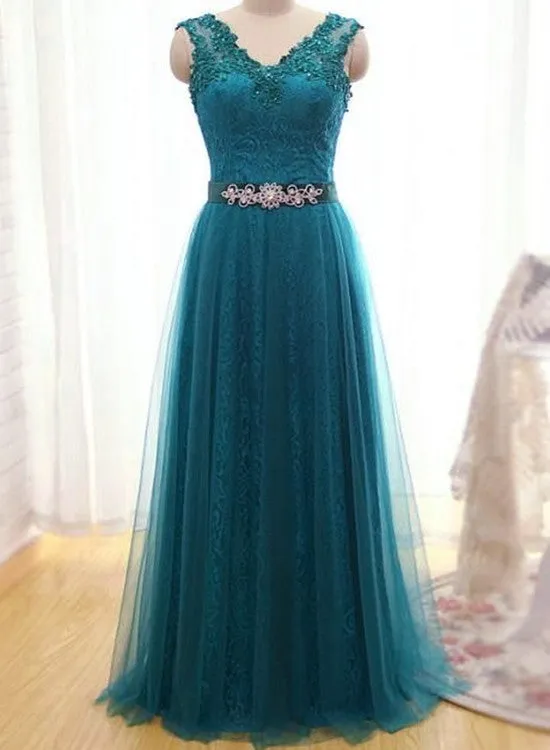 Blue Tulle and Lace Applique Long A-line Bridesmaid Dress, Charming Formal Dress