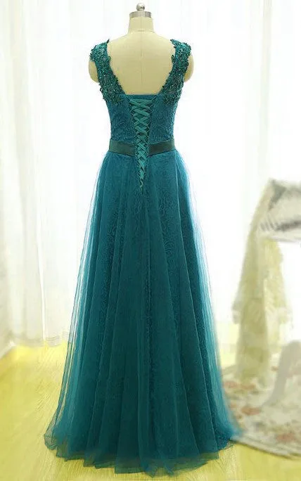 Blue Tulle and Lace Applique Long A-line Bridesmaid Dress, Charming Formal Dress