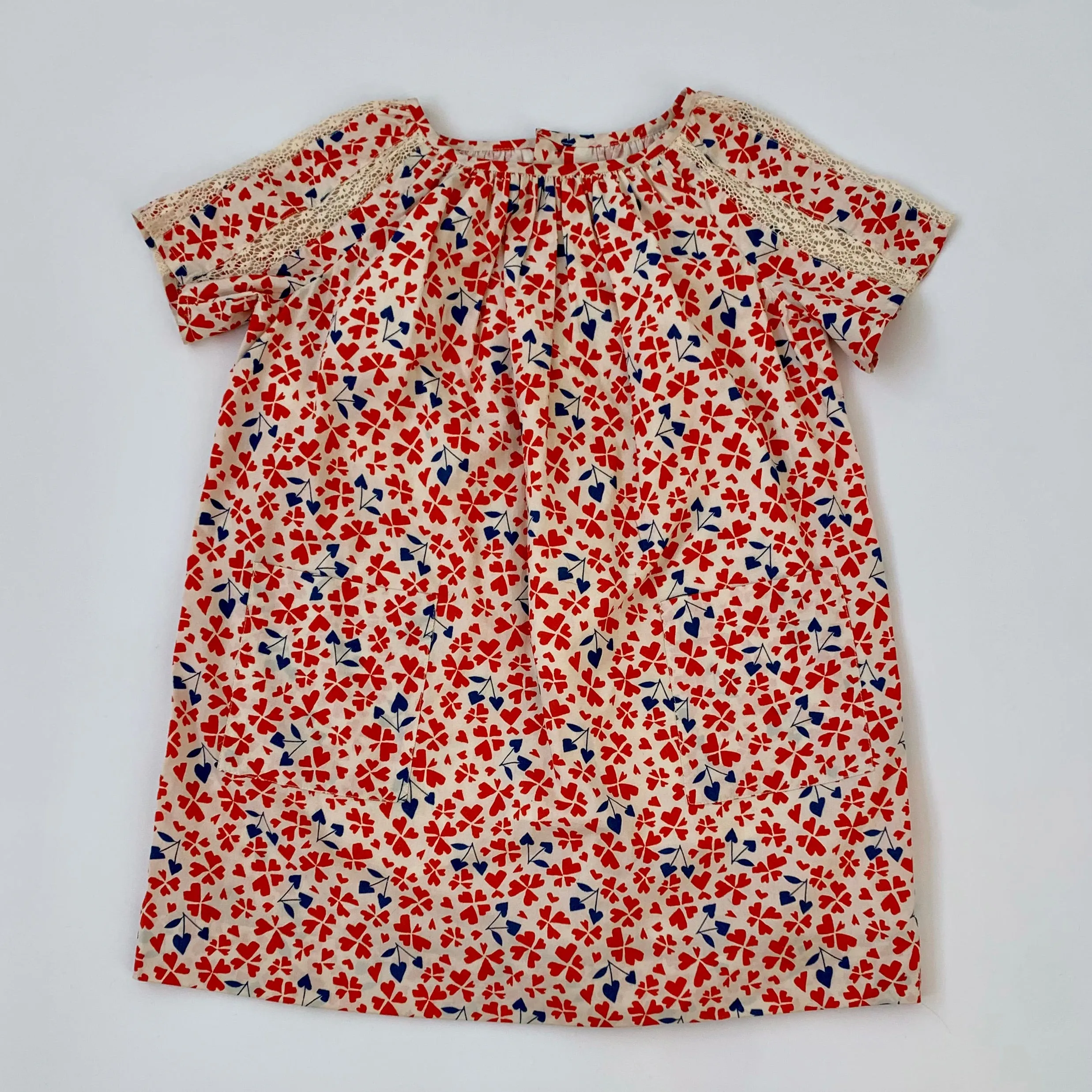 Bonpoint Red And Blue Heart Motif Dress With Lace: 4 Years