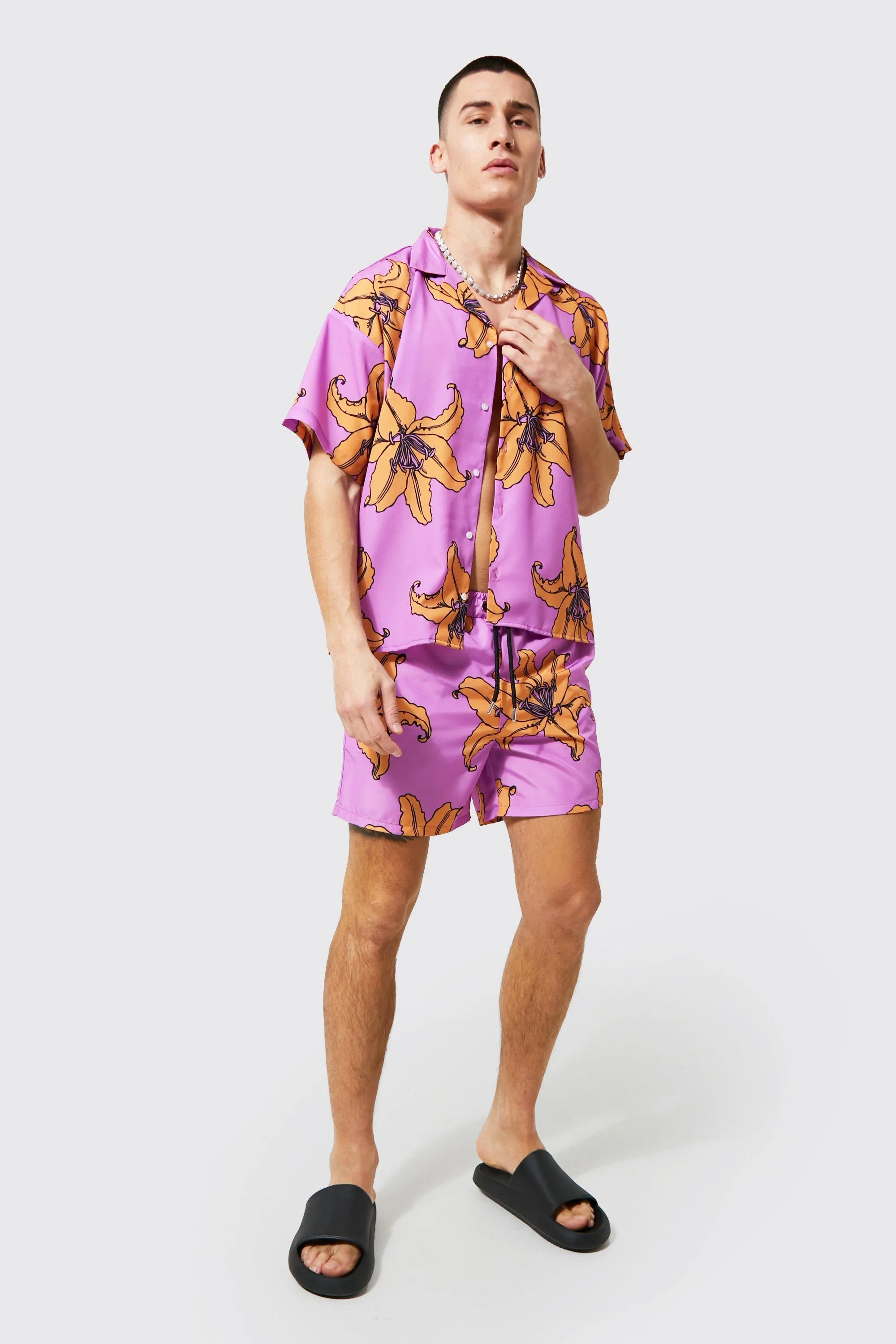 Boxy Fit Floral Shirt And Swim Shorts Set | boohooMAN UK