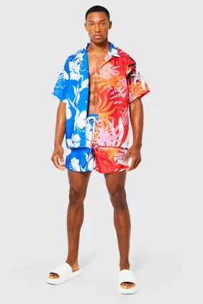 Boxy Fit Slub Spliced Floral Shirt And Swims | boohooMAN UK