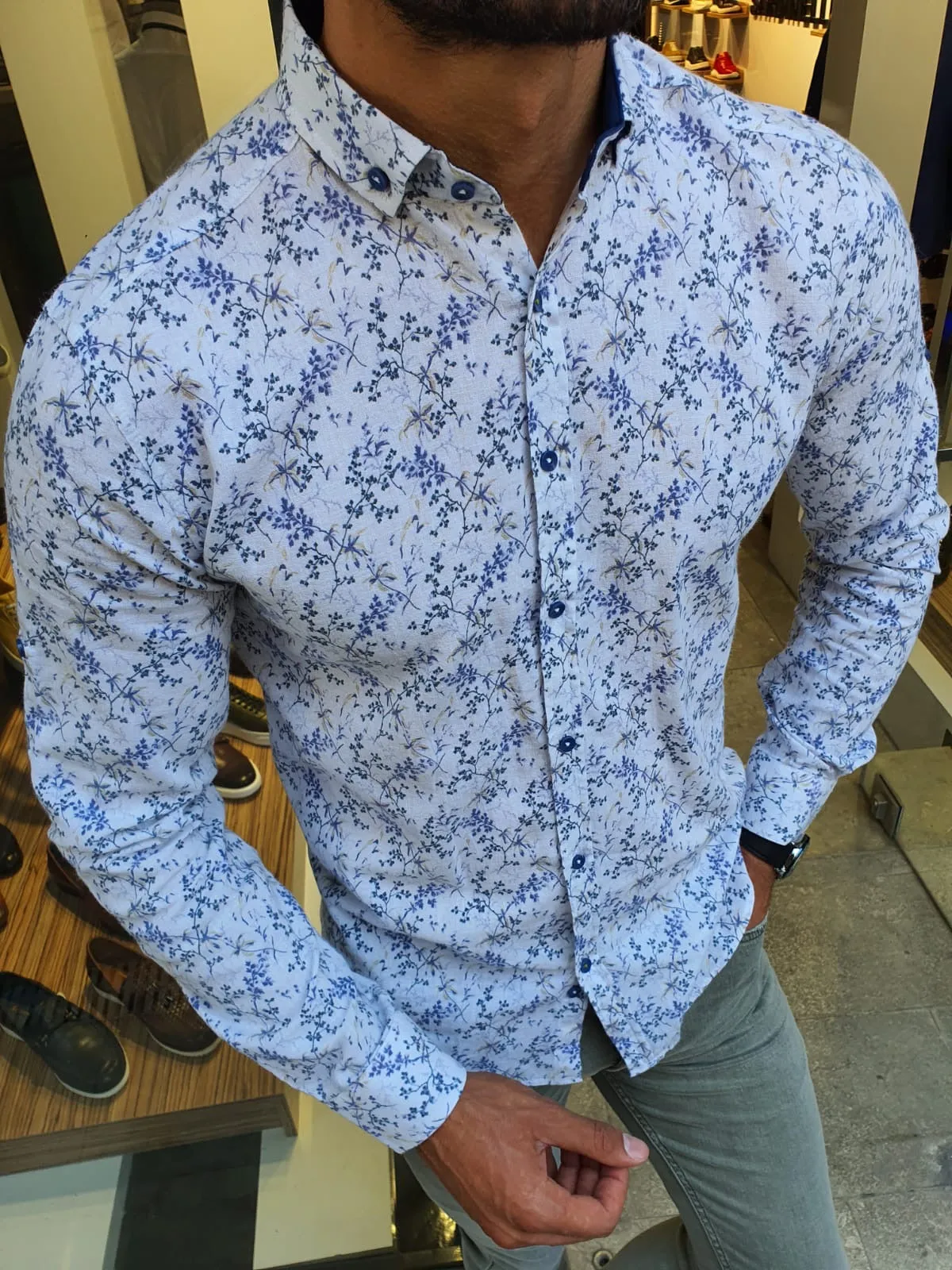 Brabion Racine White Slim Fit Floral Shirt