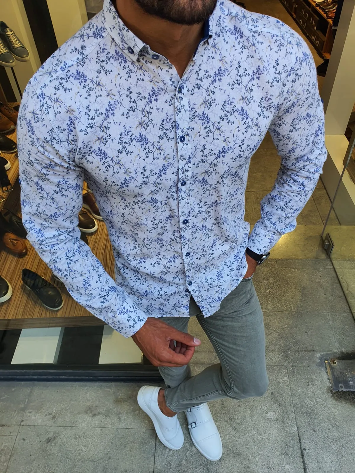 Brabion Racine White Slim Fit Floral Shirt