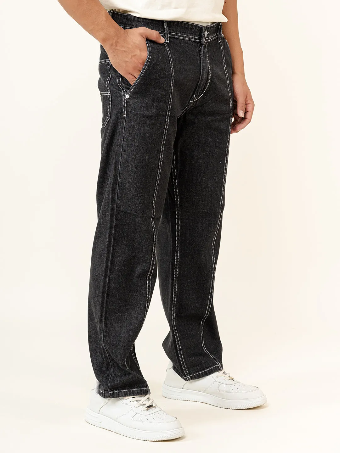 Carbon Black Flared Straight Fit Denim Cargo Jeans