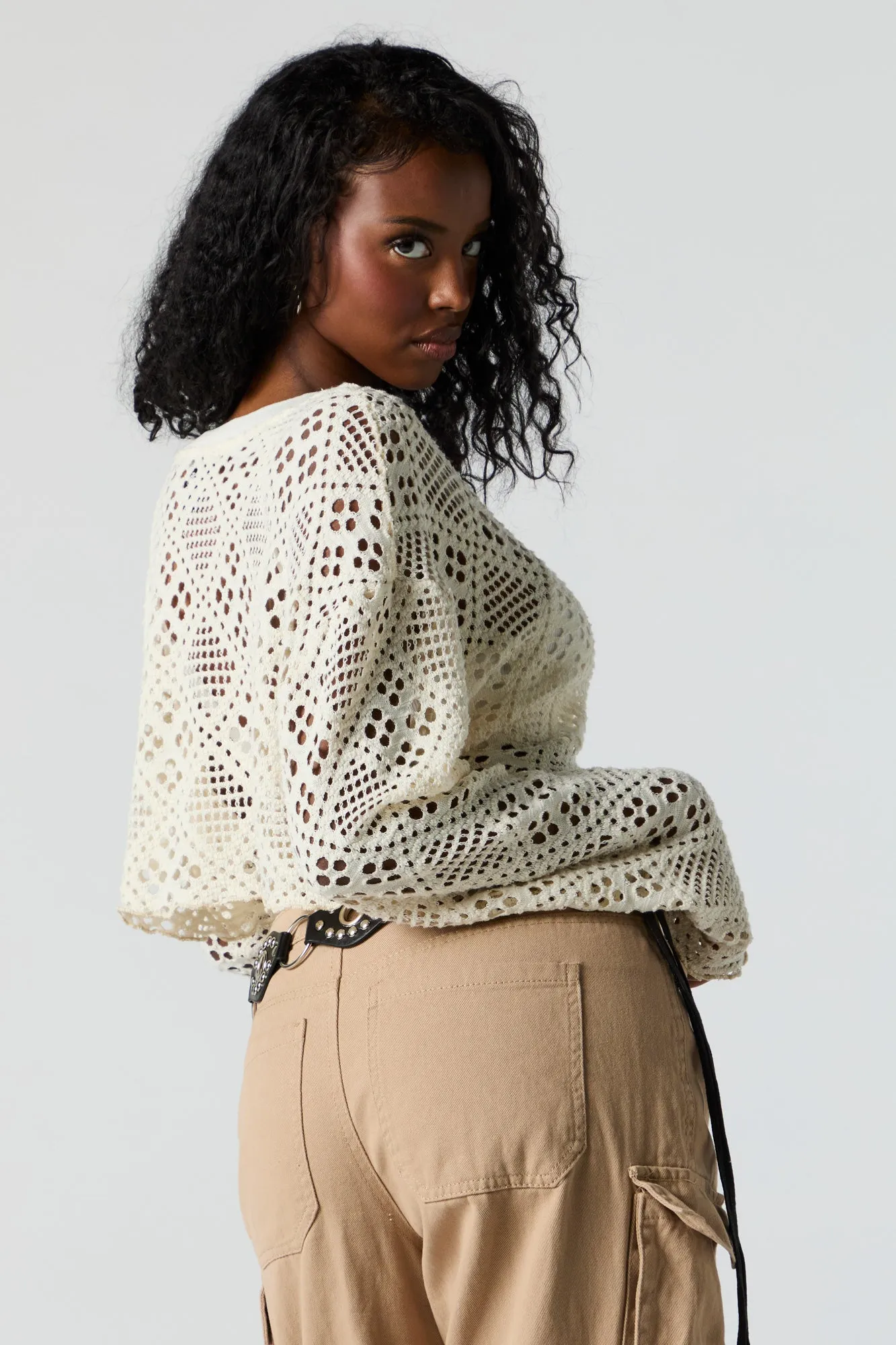 Crochet Cropped Long Sleeve Top