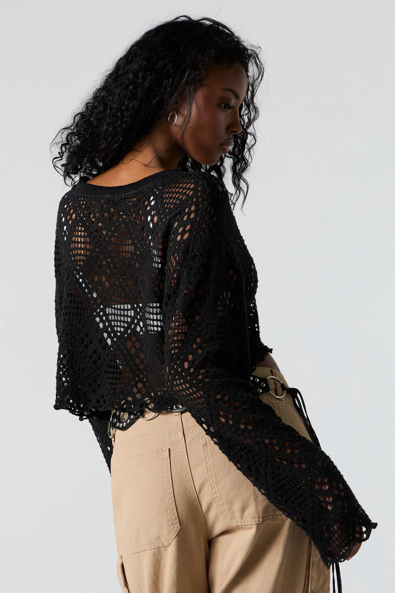 Crochet Cropped Long Sleeve Top