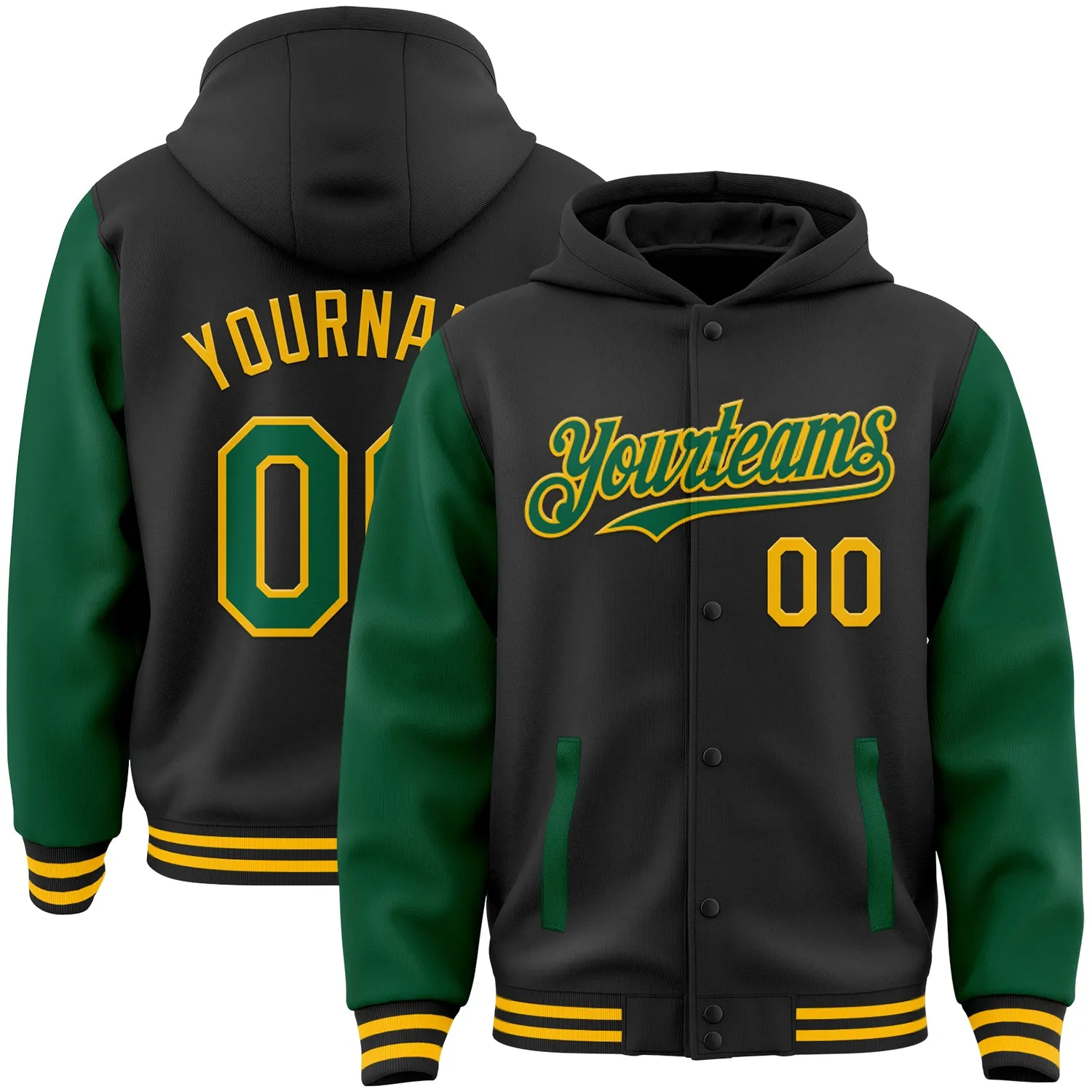 Custom Black Kelly Green-Gold Bomber Full-Snap Varsity Letterman Two Tone Hoodie Jacket