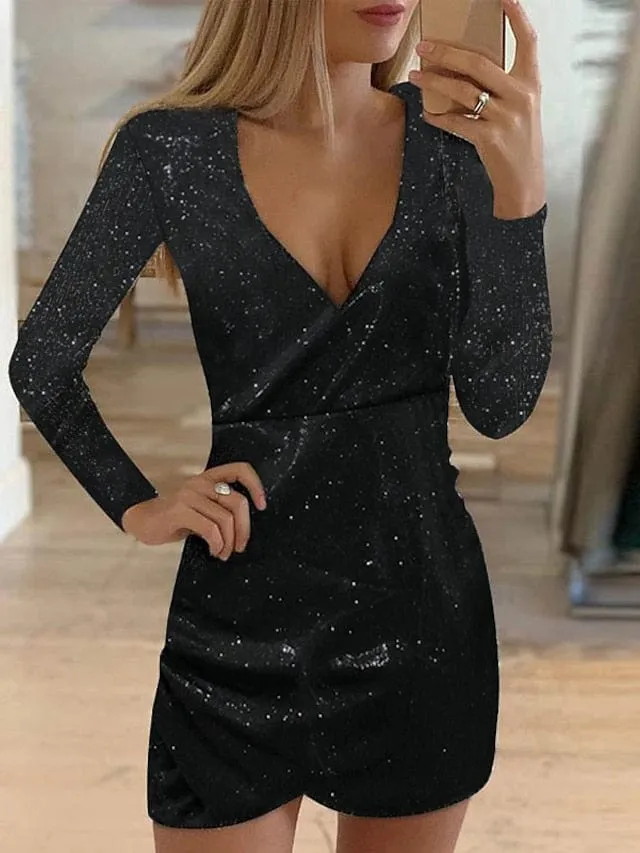 Dazzling Gold Sequin V-Neck Midi Dress for Women