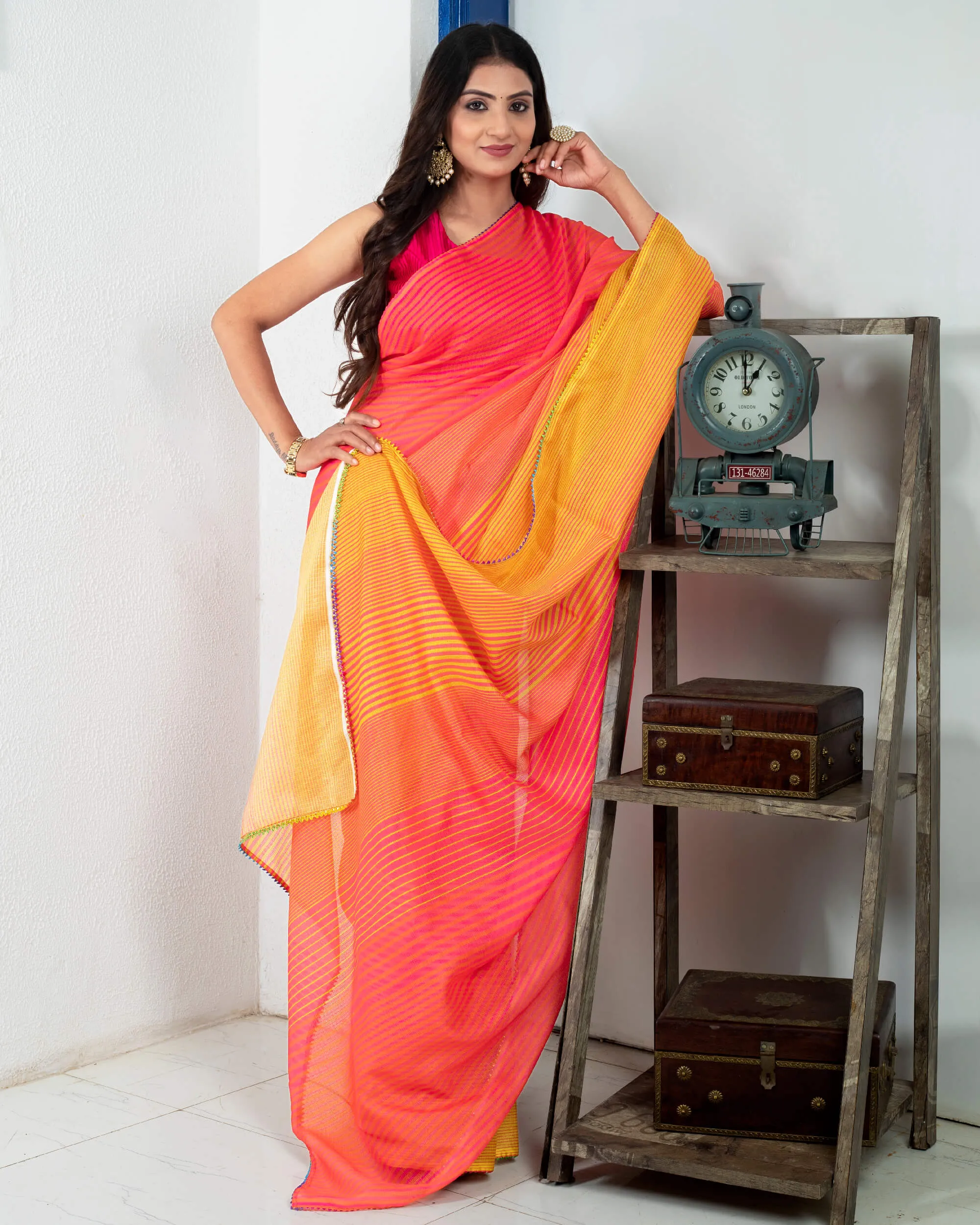 Deep Pink And Yellow Ombre Pattern Digital Print Kota Doria Saree With Sequins Lace Border