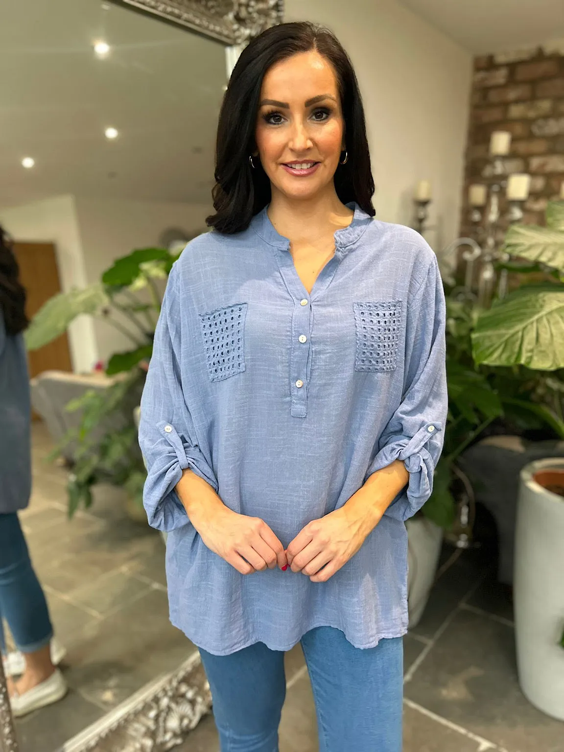 Denim Multi Hole Button Sleeve Blouse Val