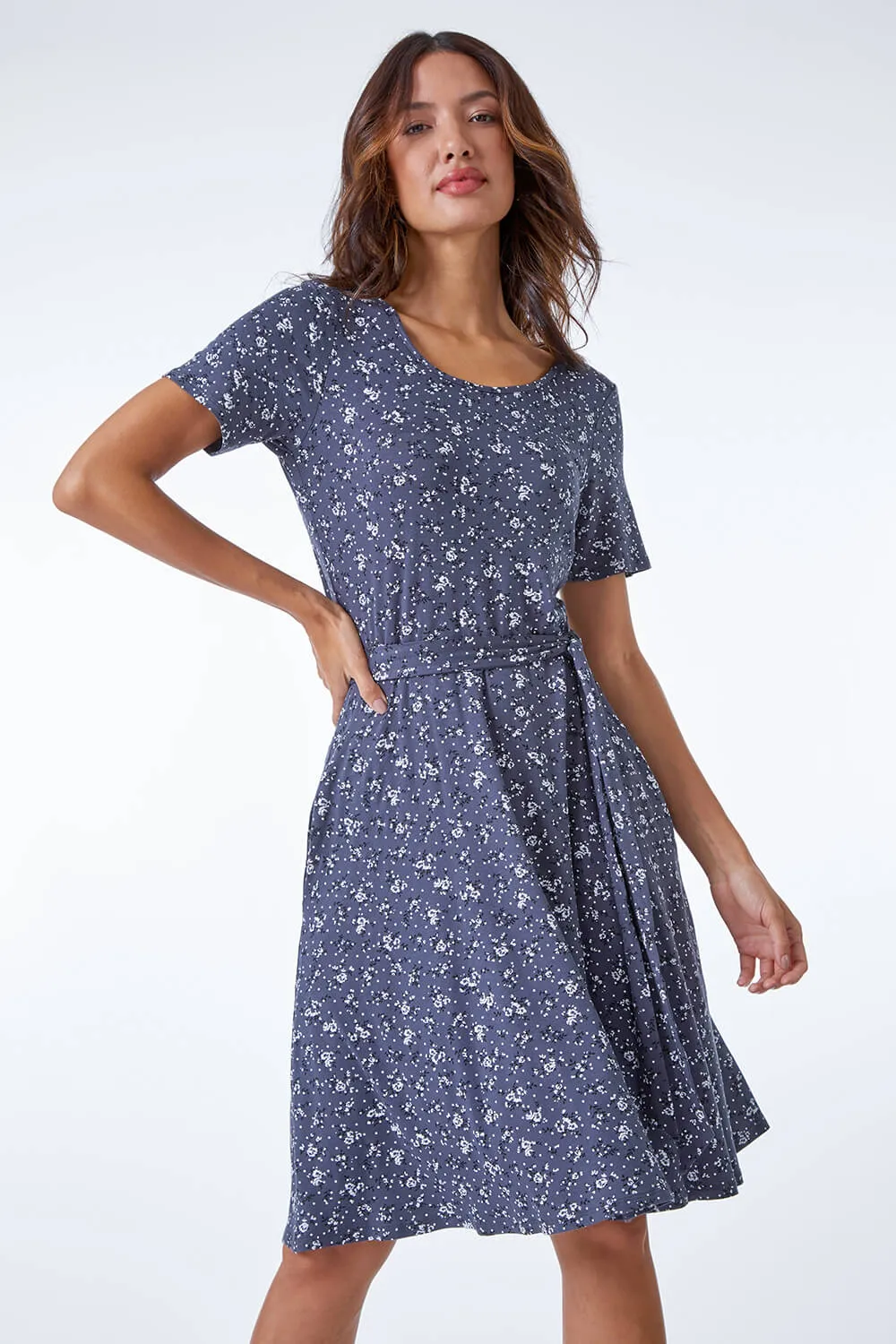 Ditsy Floral Fit & Flare Dress in Dark Grey - Roman Originals UK