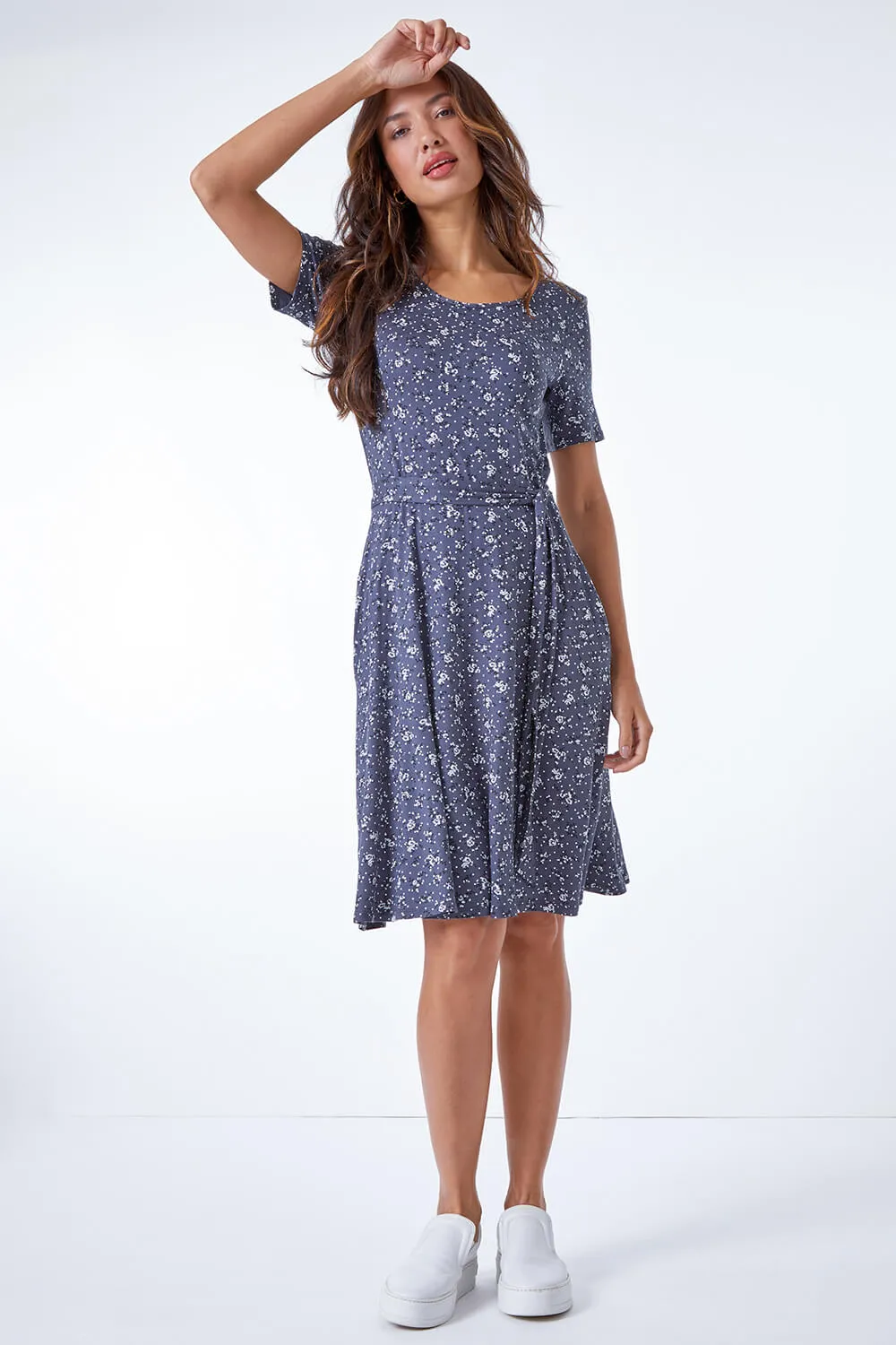 Ditsy Floral Fit & Flare Dress in Dark Grey - Roman Originals UK