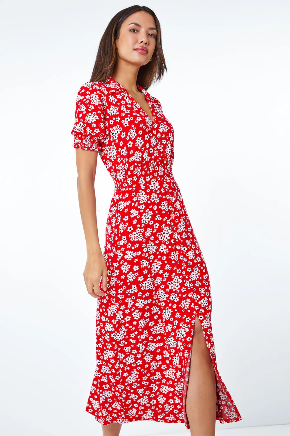 Ditsy Floral Print Fit & Flare Dress in Red - Roman Originals UK