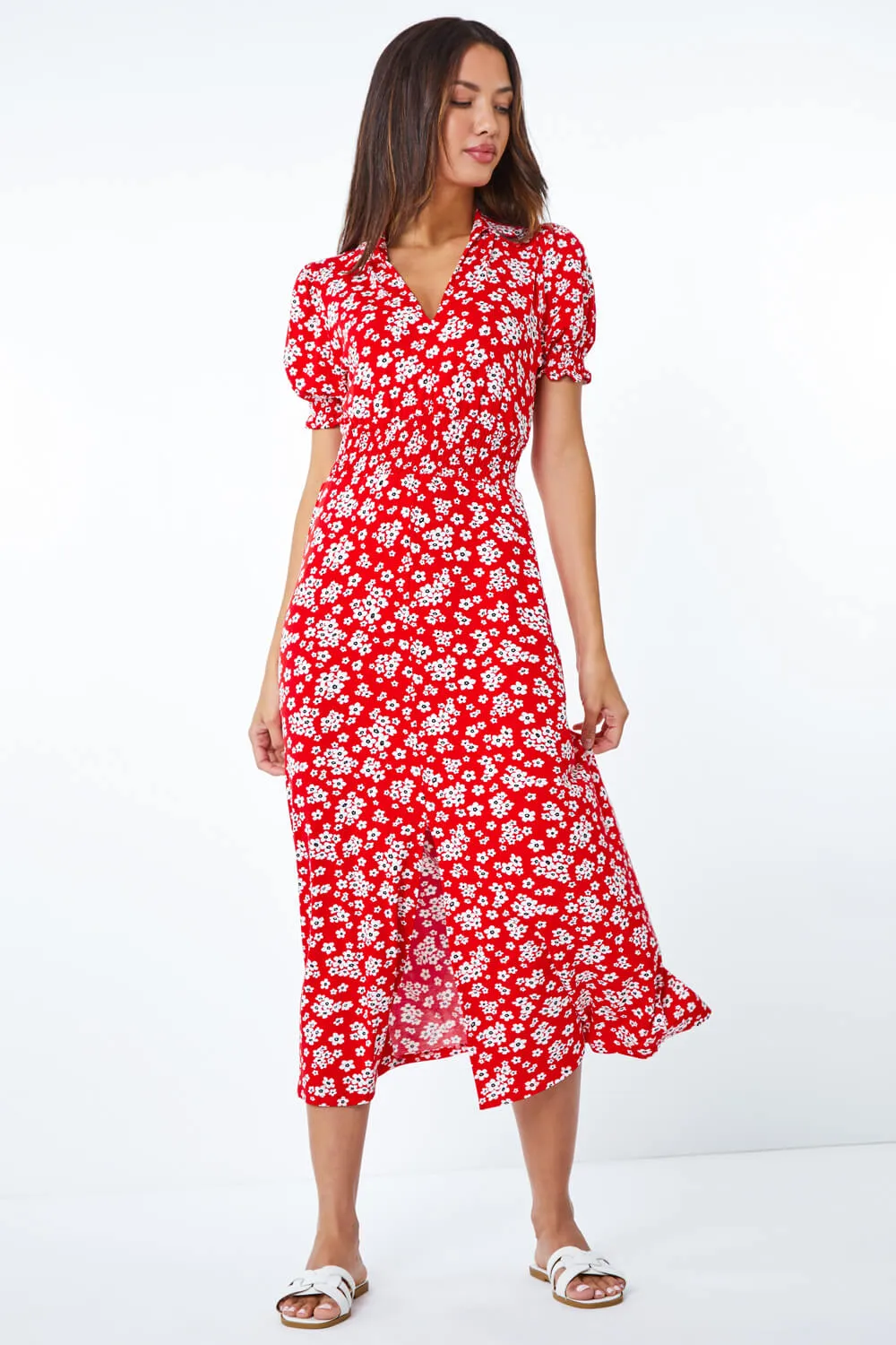 Ditsy Floral Print Fit & Flare Dress in Red - Roman Originals UK