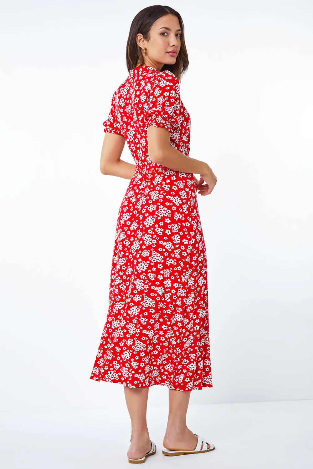 Ditsy Floral Print Fit & Flare Dress in Red - Roman Originals UK