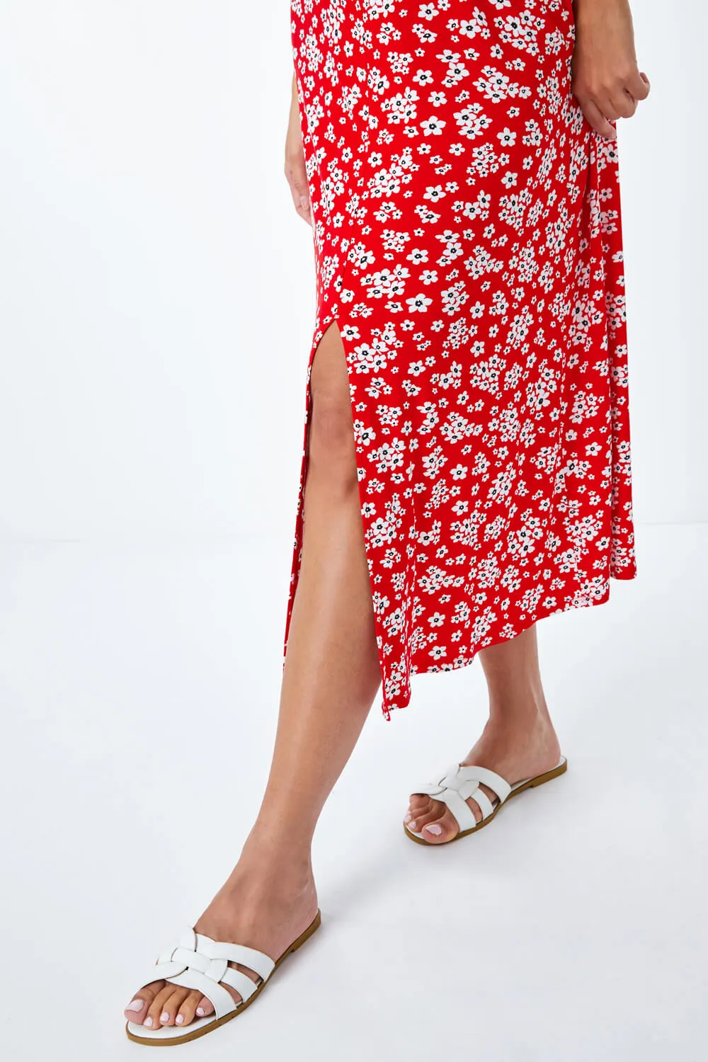 Ditsy Floral Print Fit & Flare Dress in Red - Roman Originals UK