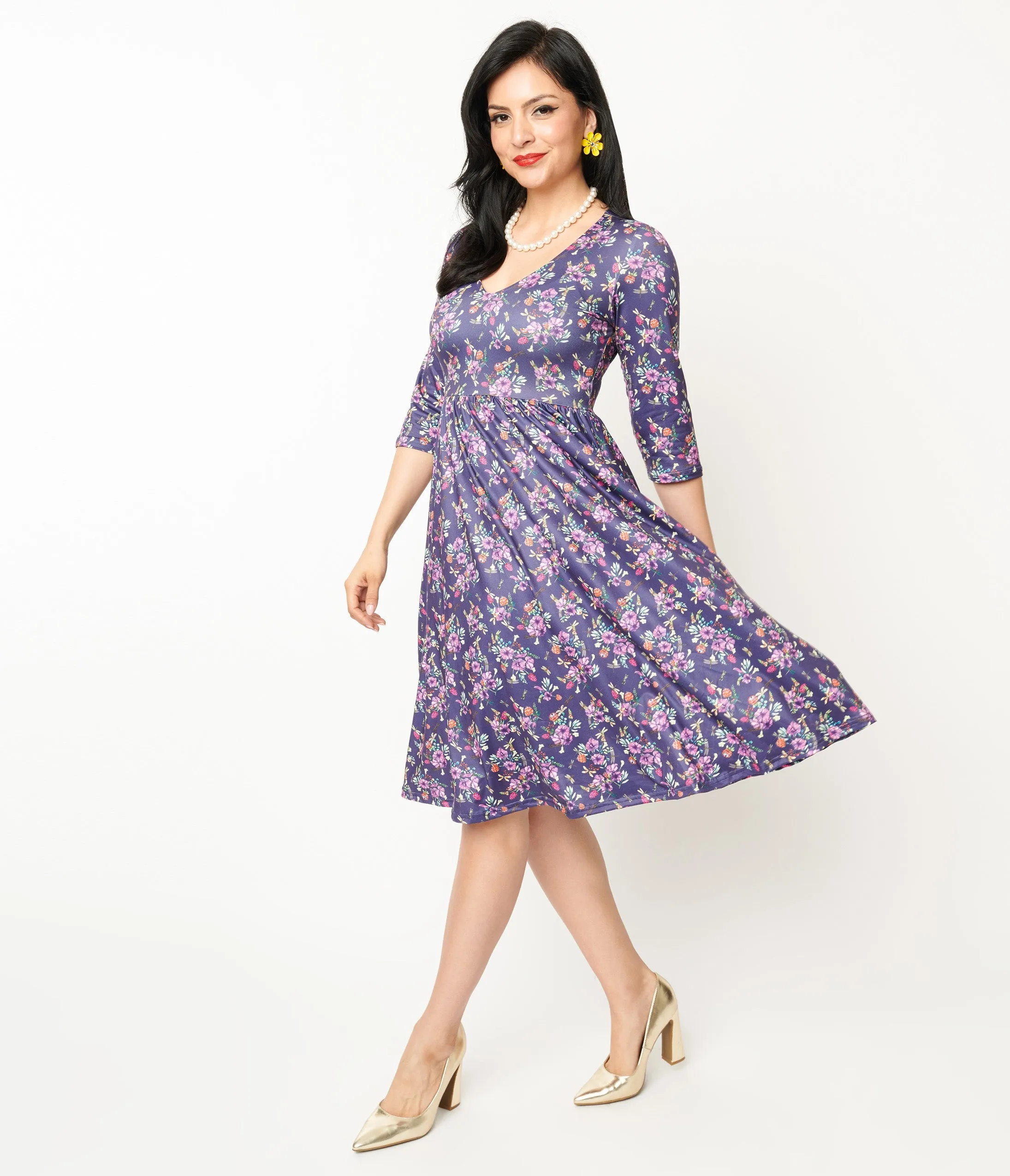 Dolly & Dotty Purple Dragonfly Floral Print Fit & Flare Billie Dress