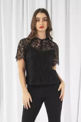 Double Second Black Raglan Sleeve Lace Top